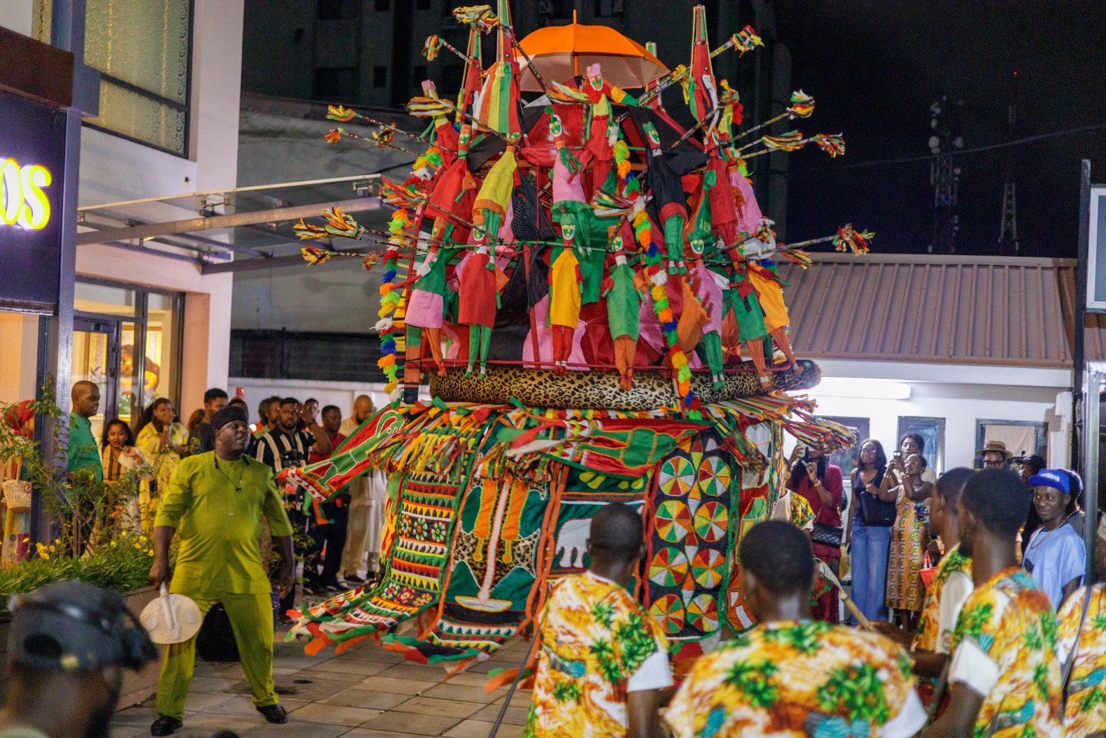 The Ijele in the street &mdash; Embodied Spirits opening, Gaia Africa Club, Lagos